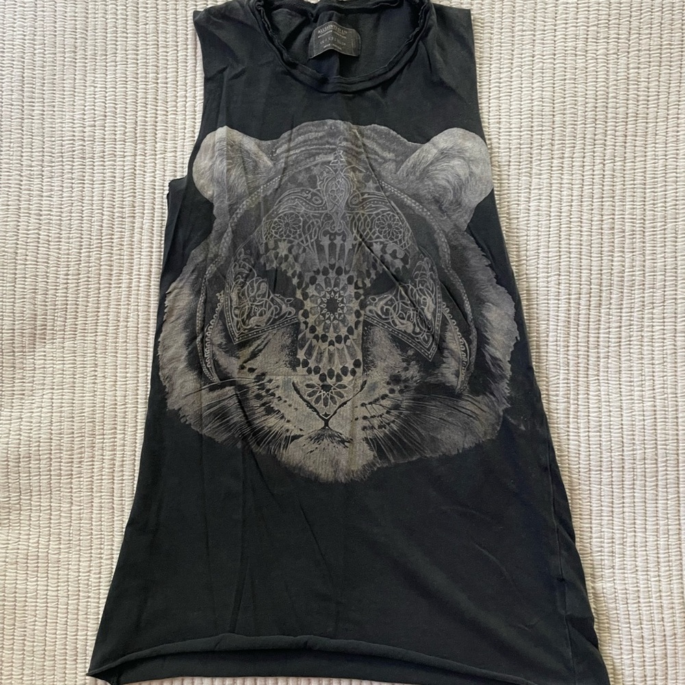 All Saints Black Sleeveless Tank with Lion Design